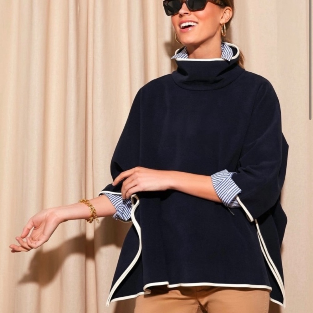 Tuckernuck Poncho - Navy Leather Trim Funnel Neck Piper Poncho